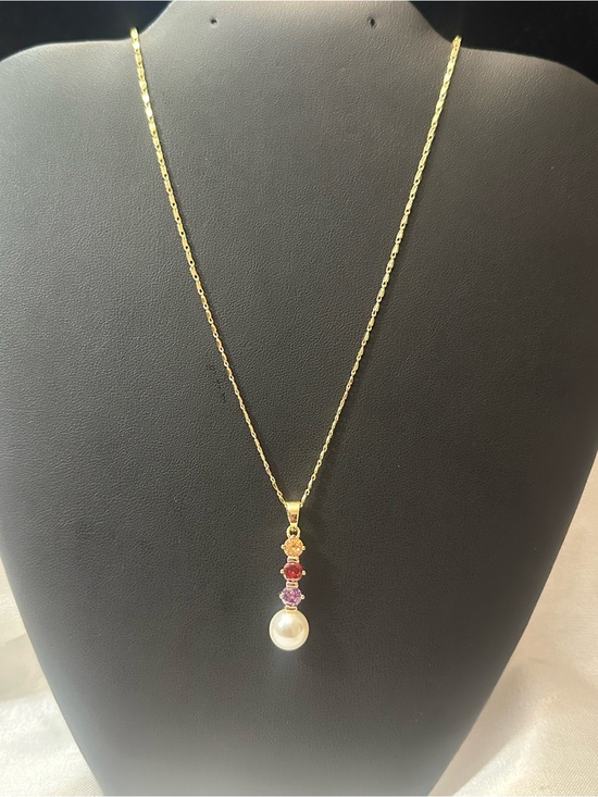 Jewelry - Gold Pearl Pendant Necklace with Multicolor Gem Accents